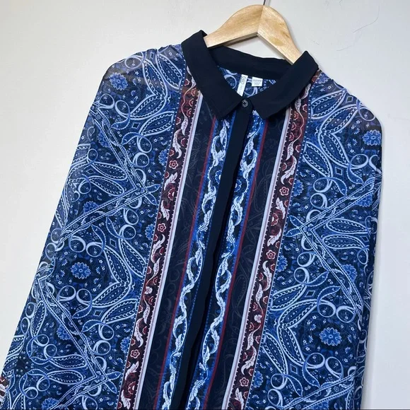 Cato Blue Red Bandana Tribal Aztec Sheer Button Up Top - Picture 6 of 9